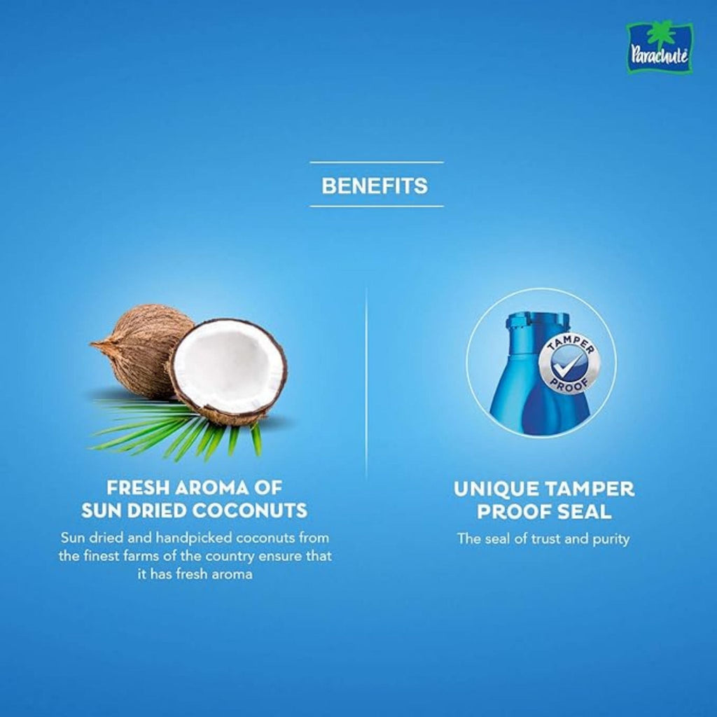 Refect Beauty Parachute 100% pure coconut oil benefits infographic showing sun-dried coconuts and tamper-proof seal