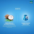 Refect Beauty Parachute 100% pure coconut oil benefits infographic showing sun-dried coconuts and tamper-proof seal