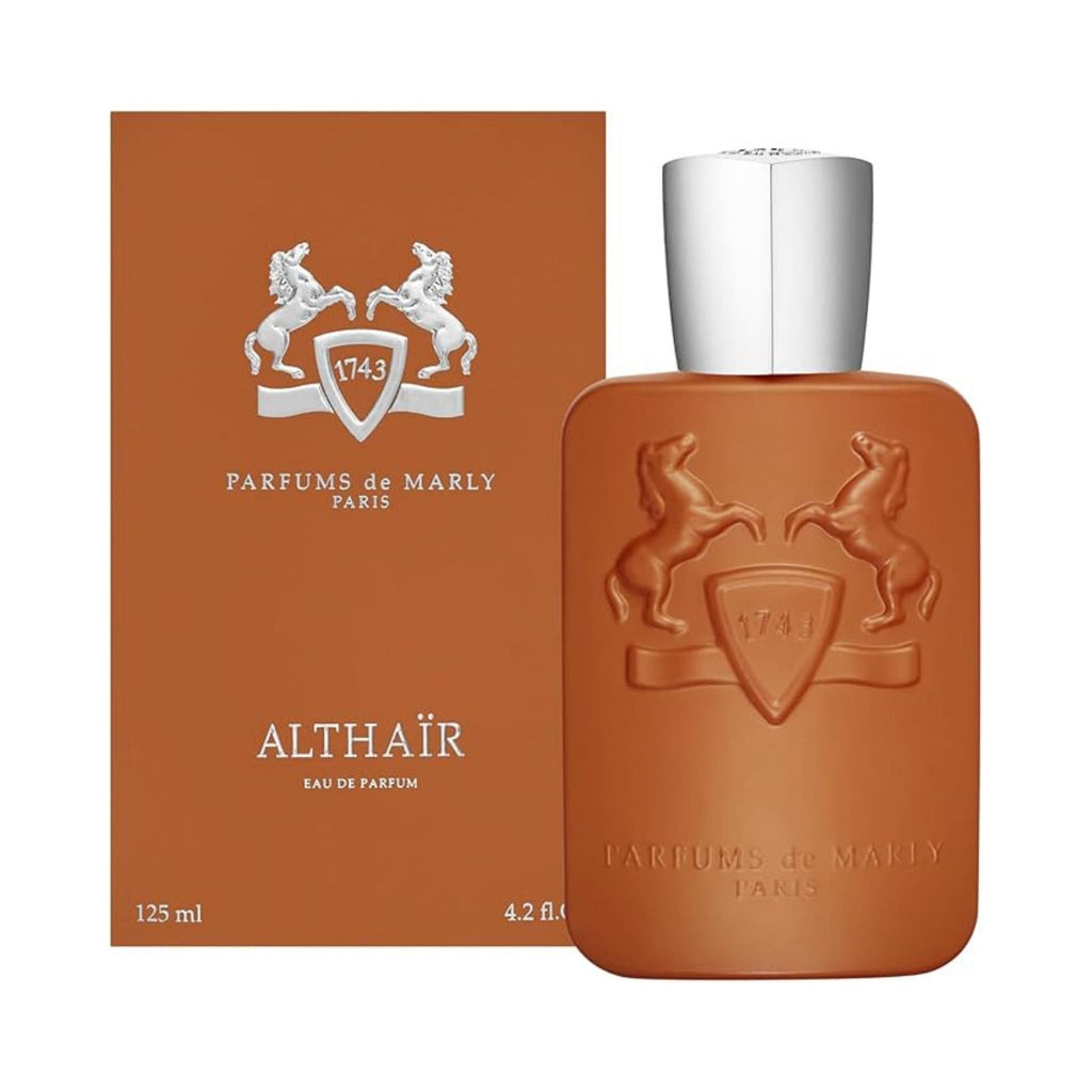 Refect Beauty Parfums de Marly Althaïr Eau de Parfum bottle and box in warm brown with silver cap and horse emblem.
