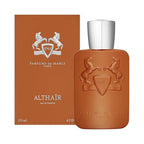 Refect Beauty Parfums de Marly Althaïr Eau de Parfum bottle and box in warm brown with silver cap and horse emblem.