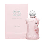 Refect Beauty Parfums de Marly Delina Eau de Parfum bottle and box in soft pink with decorative tassel and silver cap