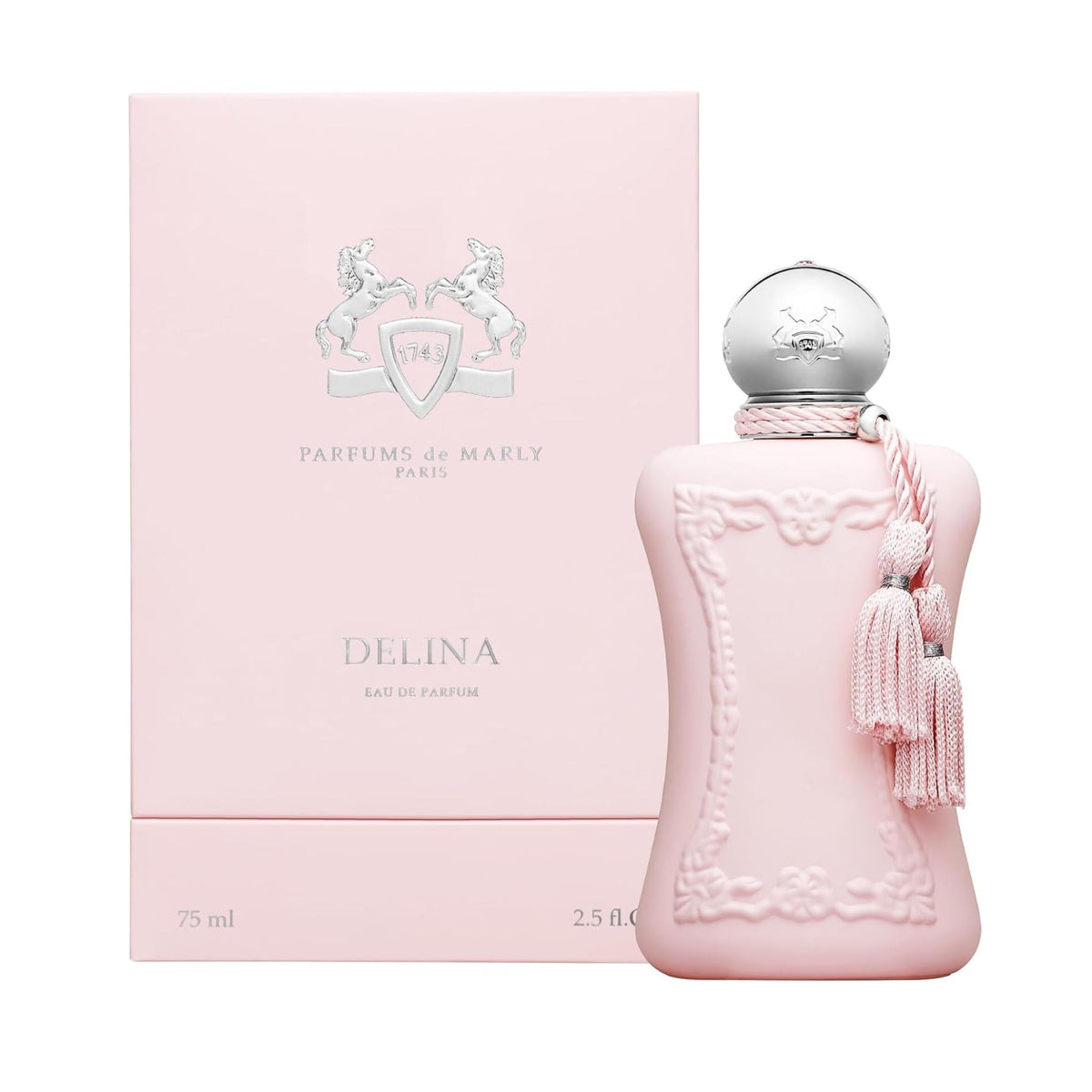 Refect Beauty Parfums de Marly Delina Eau de Parfum bottle and box in soft pink with decorative tassel and silver cap