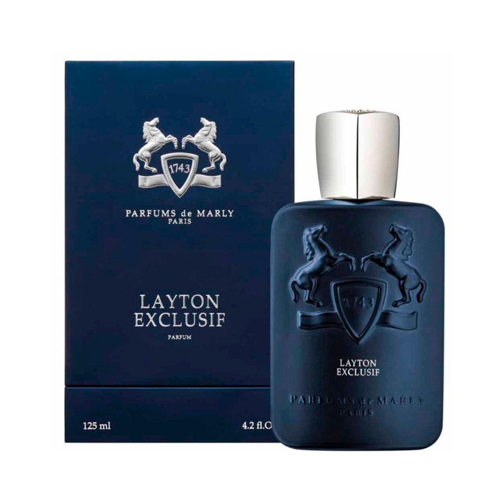 Refect Beauty Parfums De Marly Layton Exclusif parfum bottle and dark blue box with silver horse logo