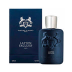 Refect Beauty Parfums De Marly Layton Exclusif parfum bottle and dark blue box with silver horse logo