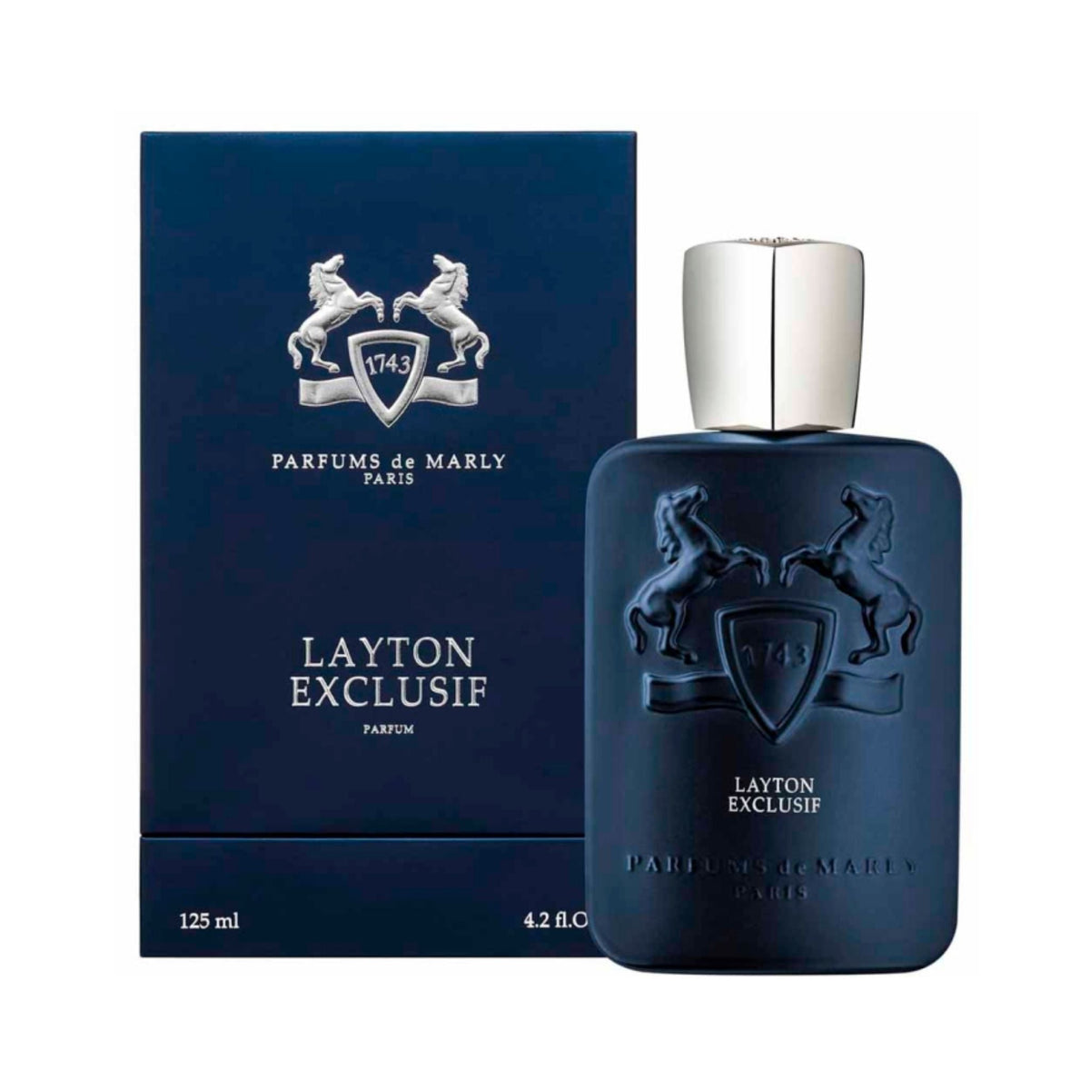 Refect Beauty Parfums De Marly Layton Exclusif parfum bottle and dark blue box with silver horse logo