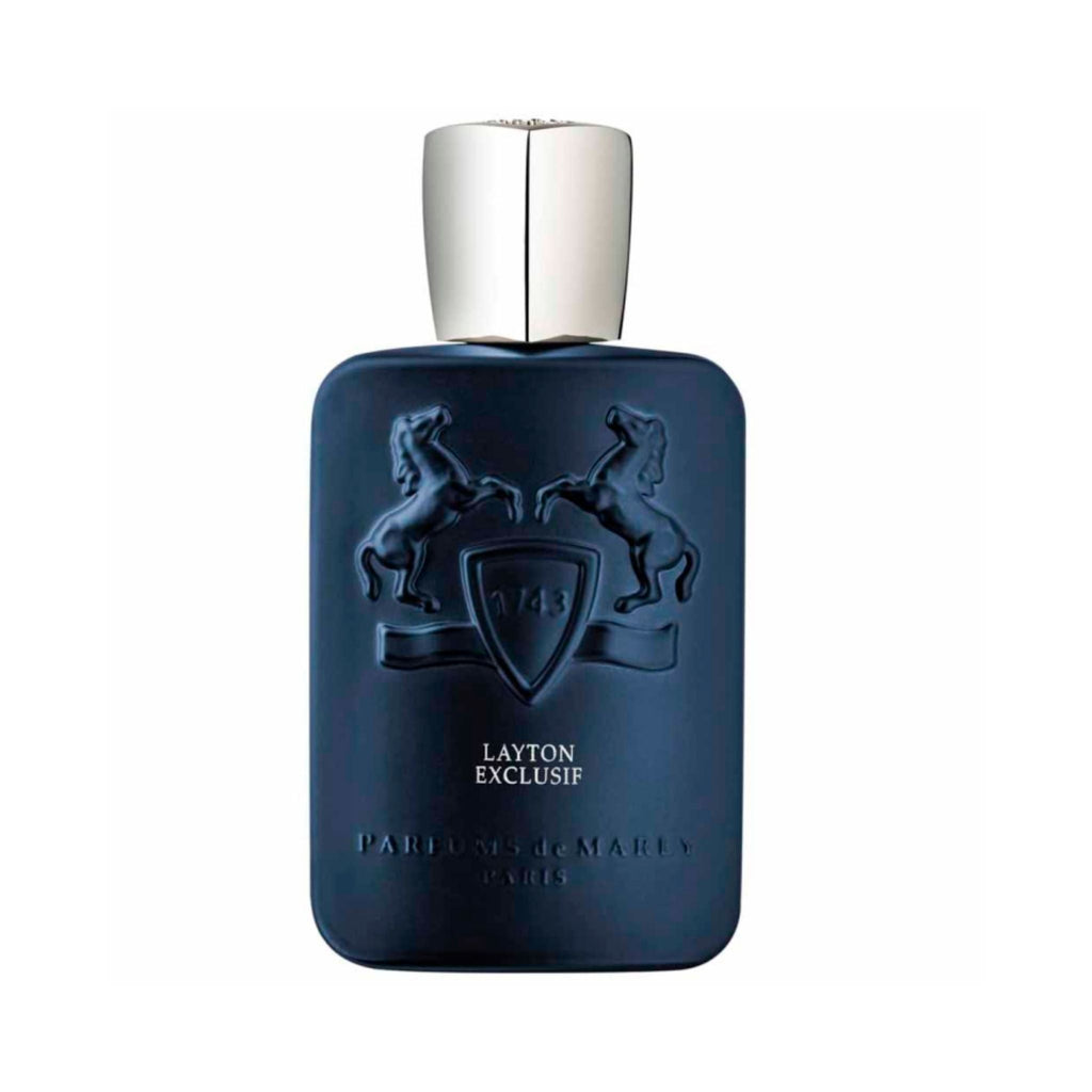 Refect Beauty Parfums De Marly Layton Exclusif perfume bottle in a deep blue glass with a silver cap and horse logo