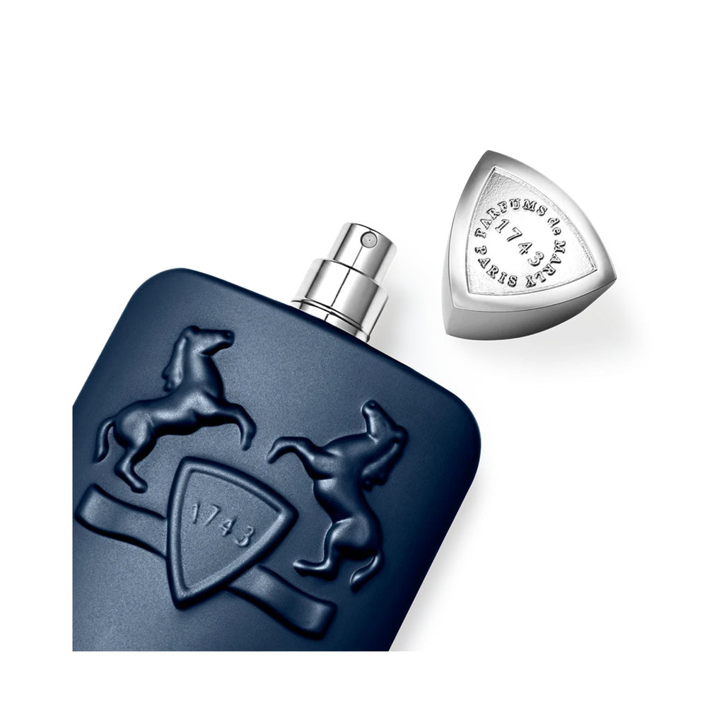 Refect Beauty Parfums De Marly Layton Exclusif perfume bottle in dark blue with embossed horse logo and silver cap