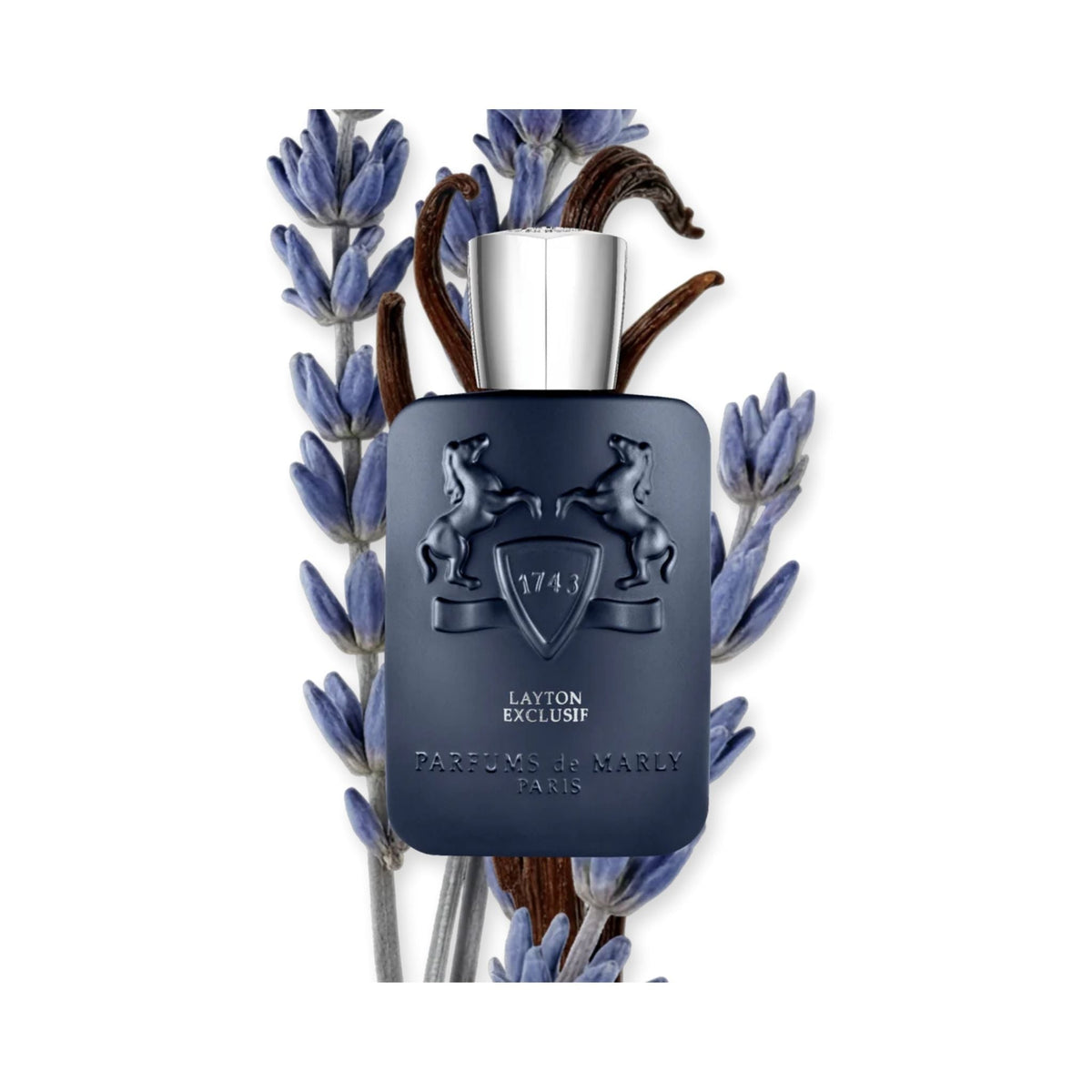Refect Beauty Parfums De Marly Layton Exclusif perfume bottle in dark blue glass with lavender and vanilla accents