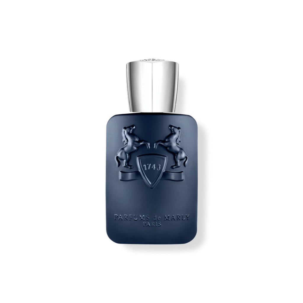 Refect Beauty Parfums de Marly Layton eau de parfum in a dark blue bottle with a silver cap and embossed horse logo.