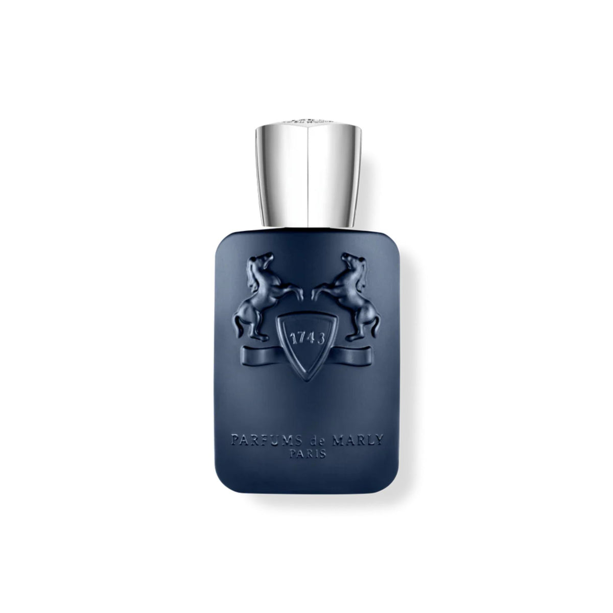 Refect Beauty Parfums de Marly Layton eau de parfum in a dark blue bottle with a silver cap and embossed horse logo.