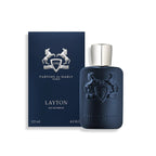 Refect Beauty Parfums de Marly Layton eau de parfum bottle and navy blue box featuring the iconic horse logo