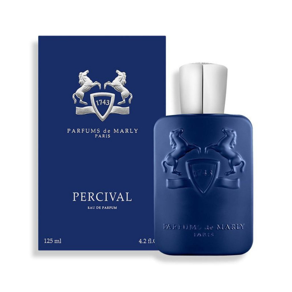 Refect Beauty Parfums de Marly Percival Eau de Parfum bottle and blue box with signature horse emblem