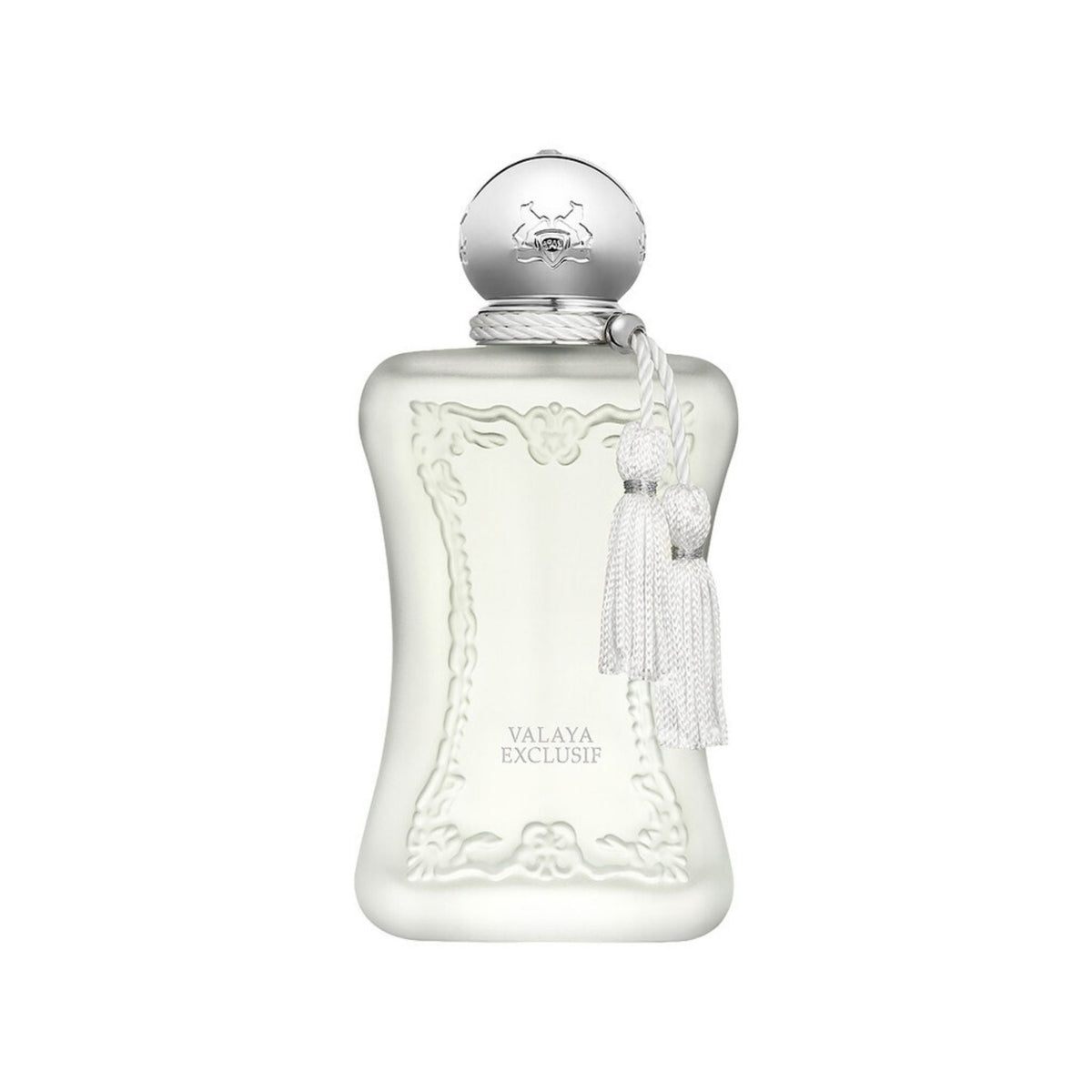 Refect Beauty Parfums de Marly Valaya Exclusif perfume bottle in frosted white glass with a silver cap and tassel.