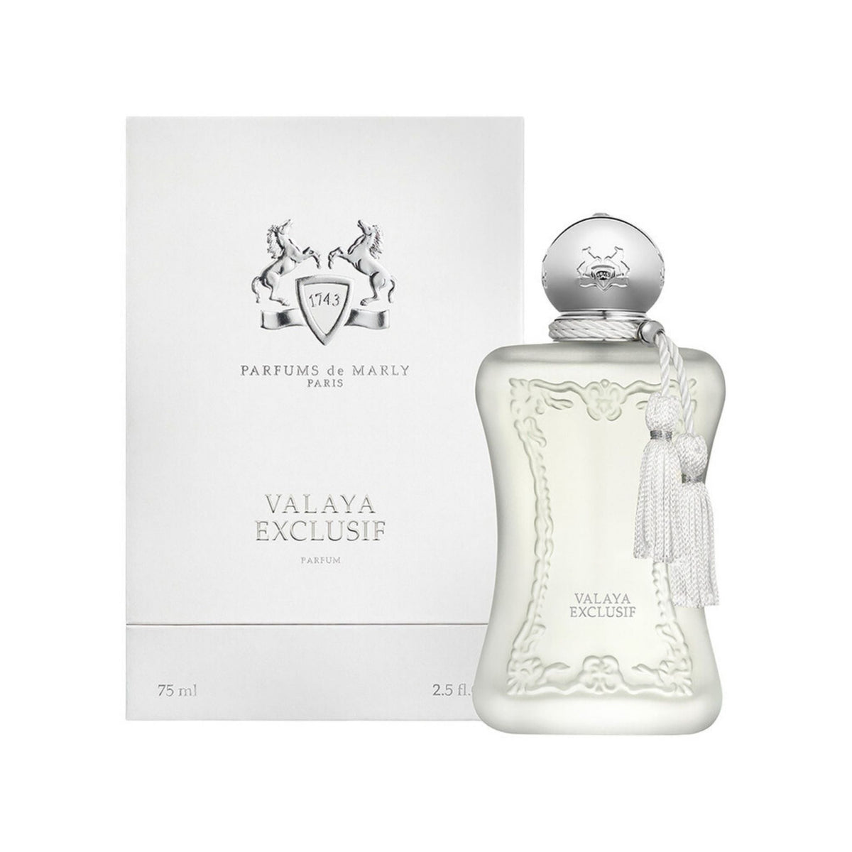 Refect Beauty Parfums de Marly Valaya Exclusif perfume bottle and white box with elegant embossed floral details.