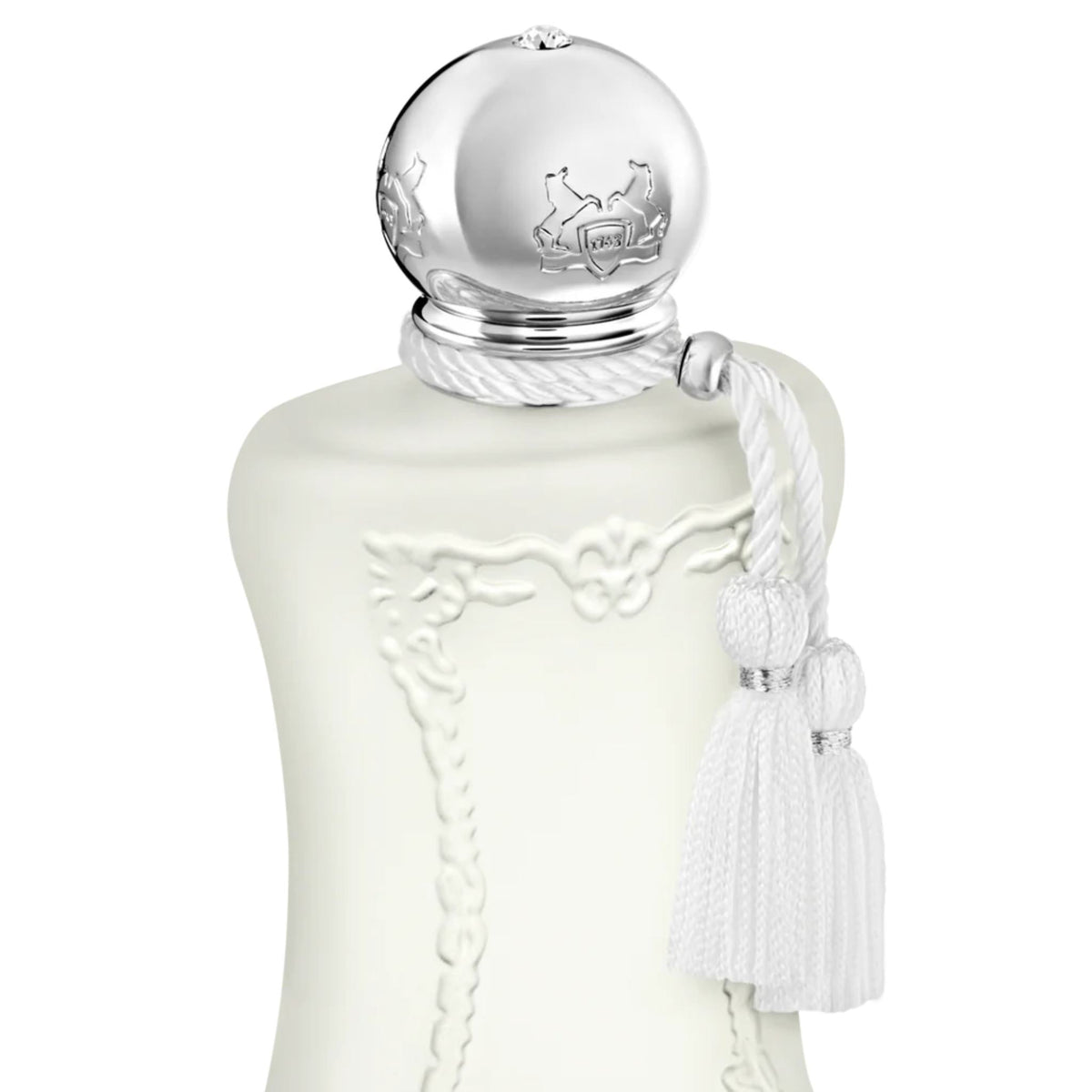Refect Beauty Parfums de Marly Valaya Eau de Parfum in a matte white bottle with a silver cap and white tassel.