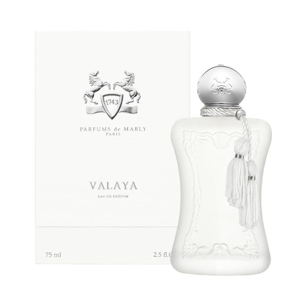 Refect Beauty Parfums de Marly Valaya Eau de Parfum bottle and white box with elegant silver tassel and branding