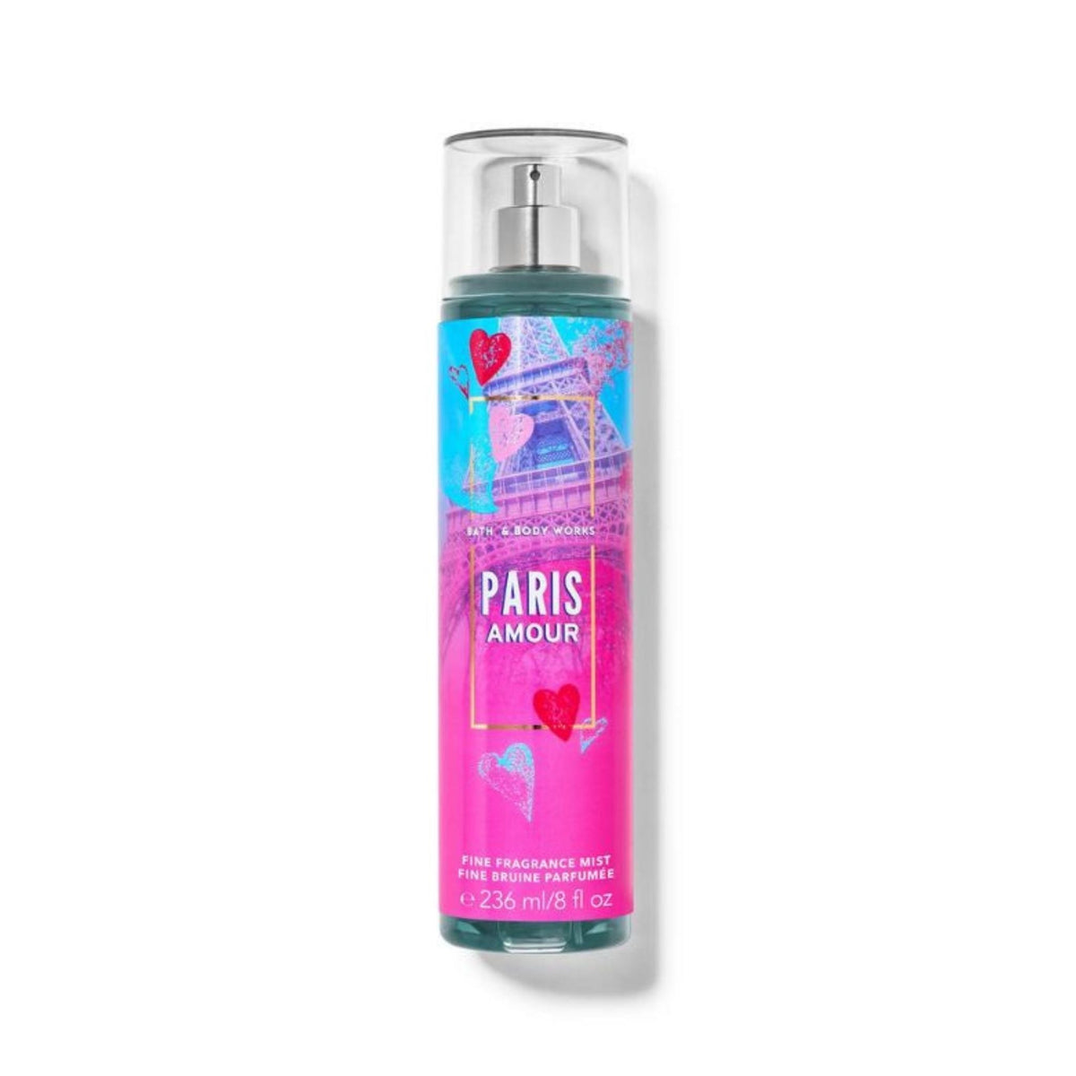 Refect Beauty Bath & Body Works Paris Amour fine fragrance mist in a pink and blue bottle with Eiffel Tower design.
