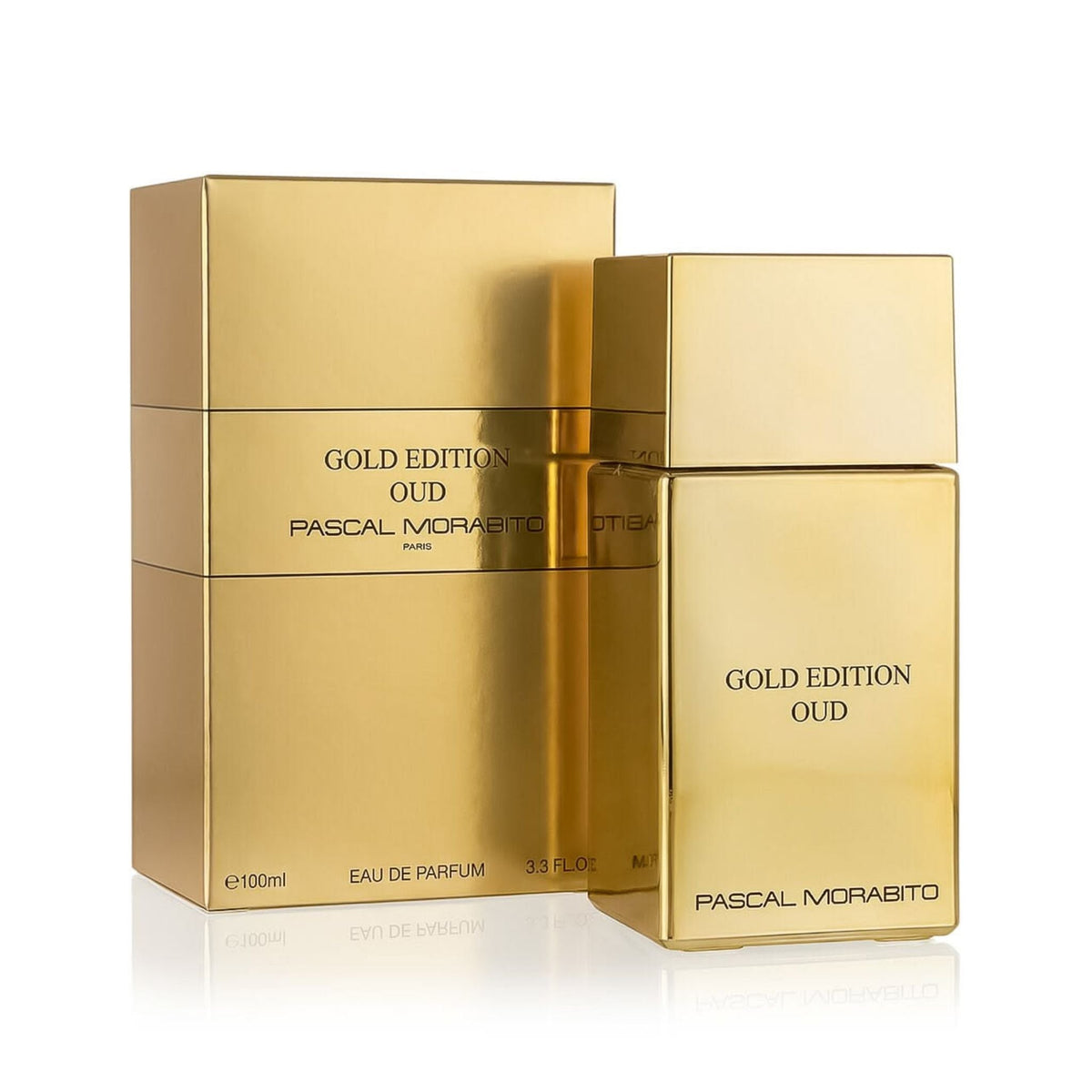 Refect Beauty Pascal Morabito Gold Edition Oud perfume bottle and matching gold box on a white background.