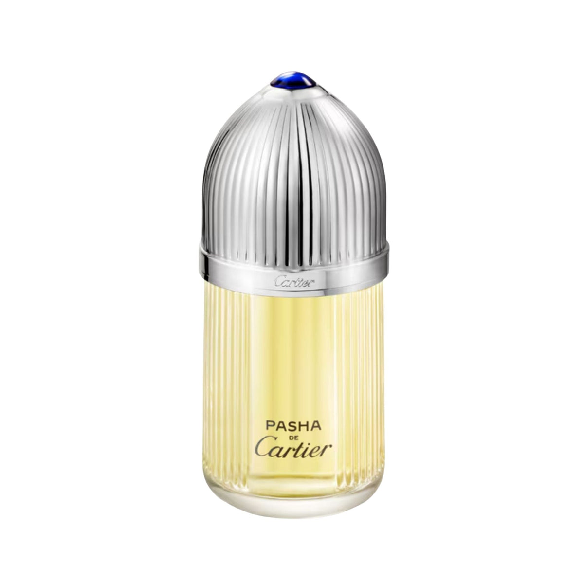 Refect Beauty Pasha de Cartier Eau de Toilette in a glass bottle with a silver ribbed cap and blue cabochon accent.