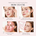Refect Beauty Medicube PDRN Pink Caffeine overnight wrapping mask application steps on a woman's face