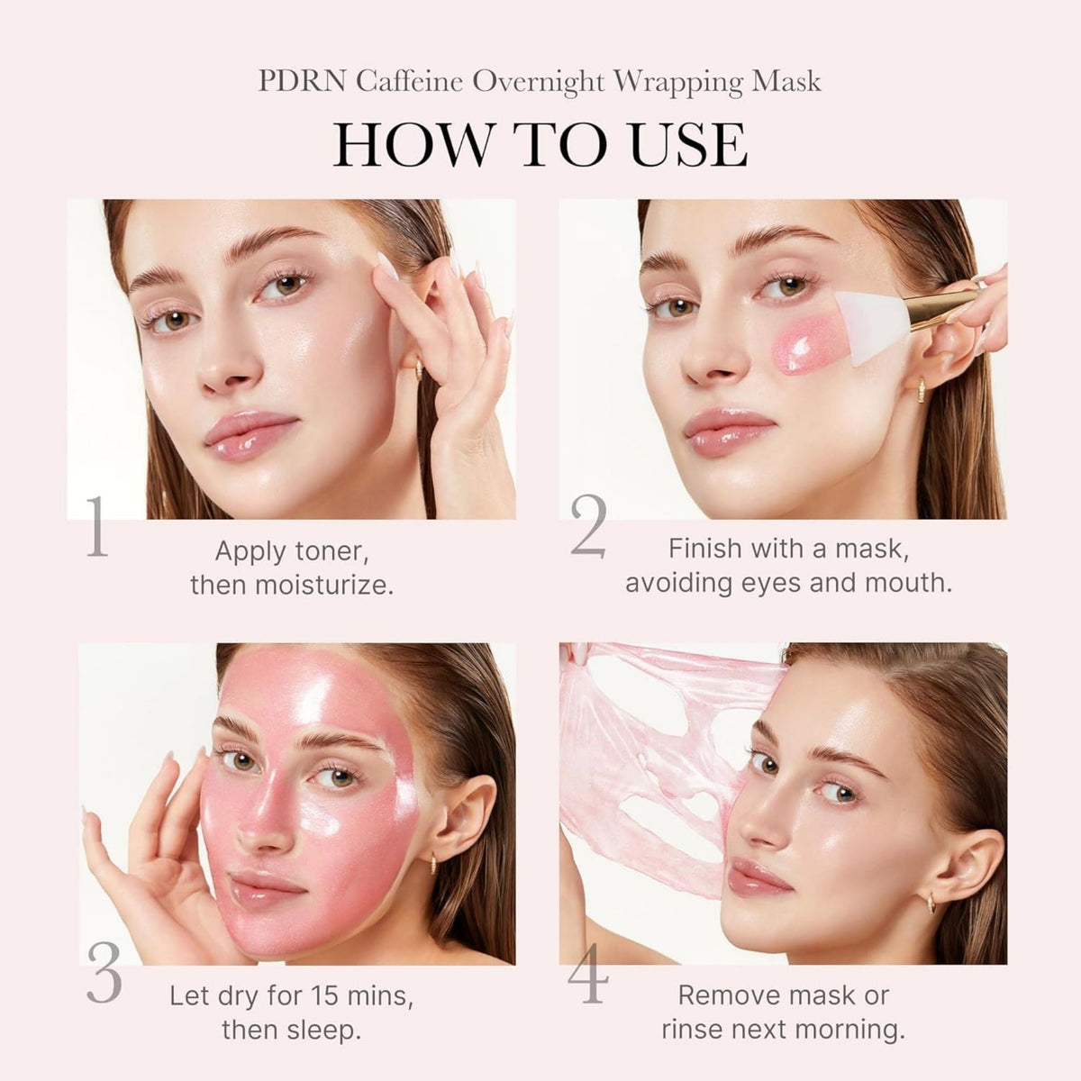 Refect Beauty Medicube PDRN Pink Caffeine overnight wrapping mask application steps on a woman's face