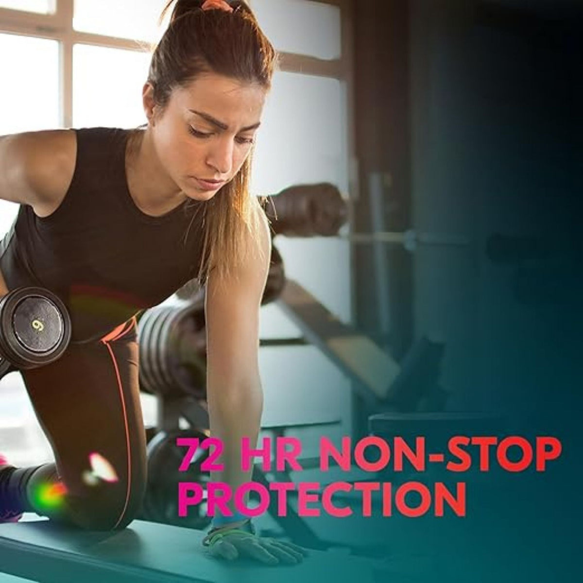 Refect Beauty peach and lemongrass deodorant spray for women, shown with a woman exercising in a gym setting.