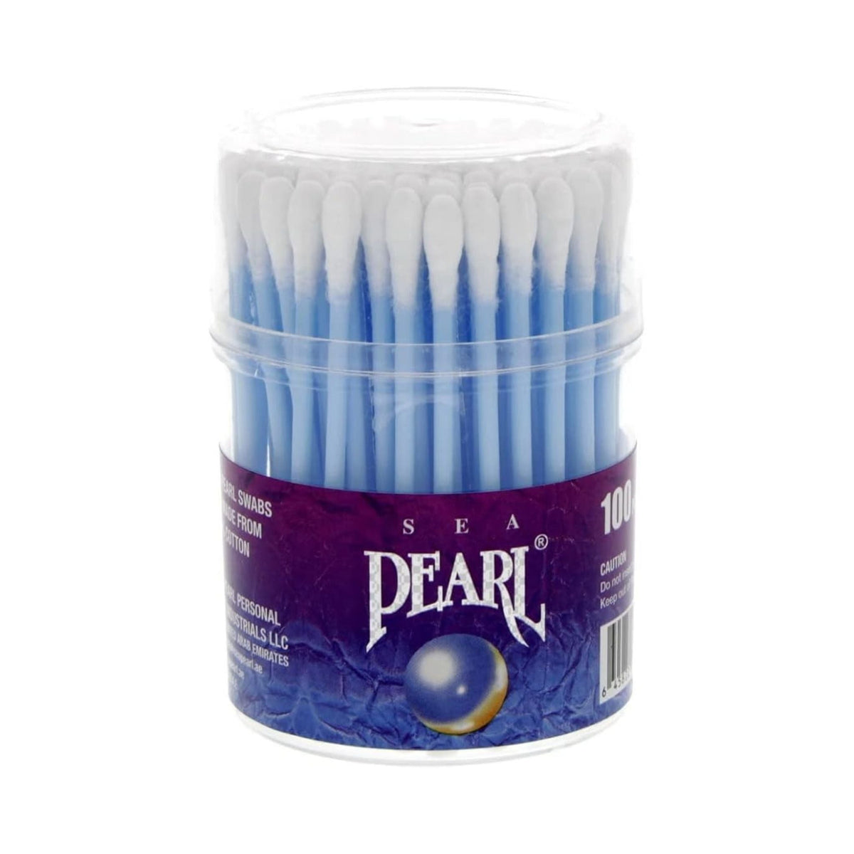 Refect Beauty Pearl cotton buds in a clear plastic container with 100 pieces, featuring soft white tips and blue sticks.