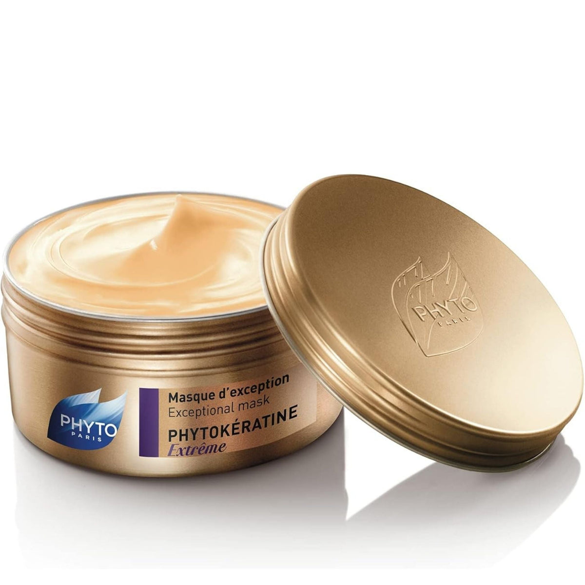 Refect Beauty Phyto Phytokeratine Extreme hair mask in a gold jar with a creamy texture for repairing damaged hair.