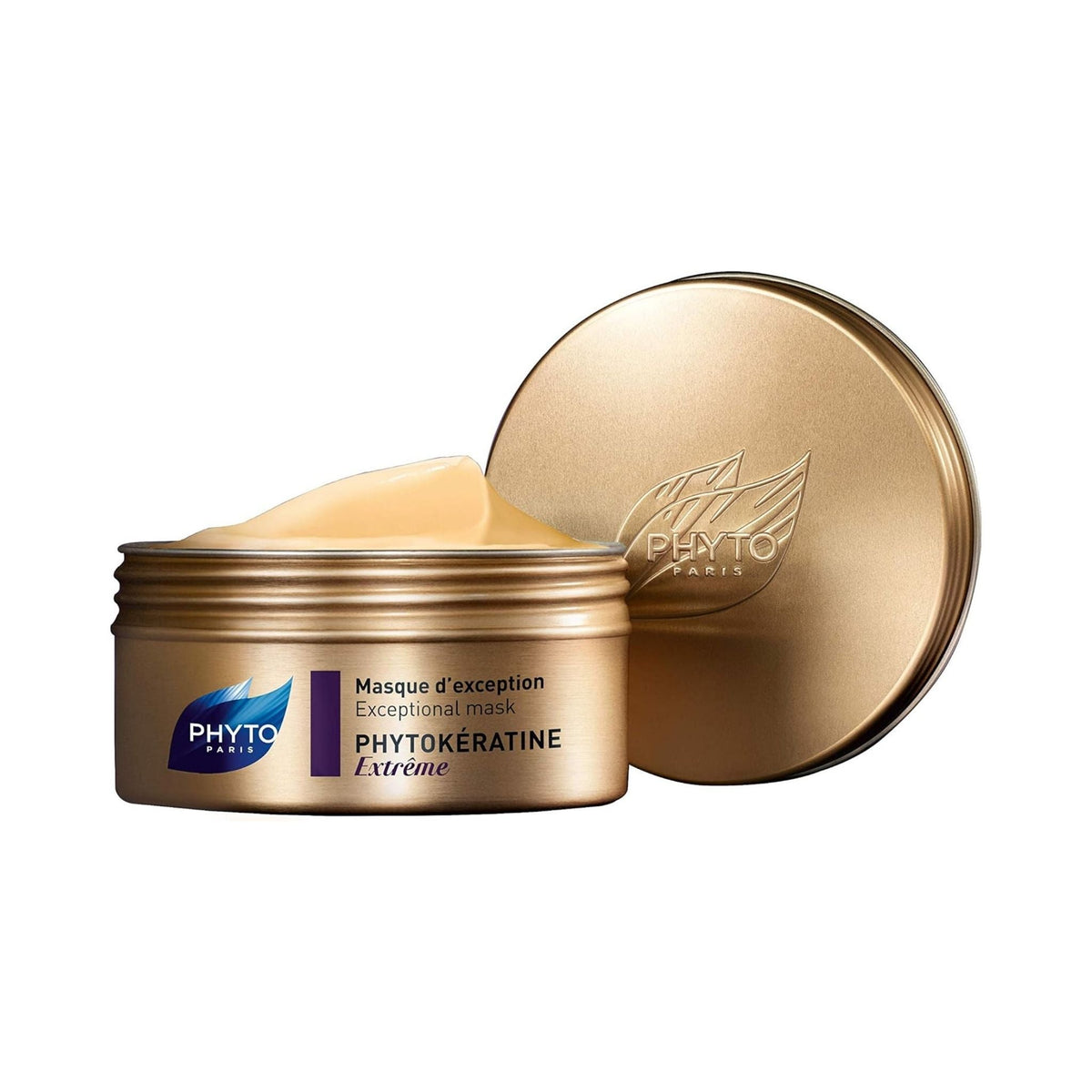 Refect Beauty Phyto Phytokeratine Extreme hair mask in a gold jar with a creamy texture for repairing damaged hair.