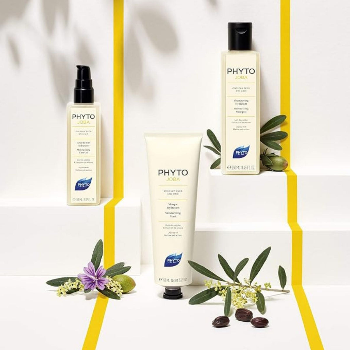 Refect Beauty Phyto Joba hair care collection featuring moisturizing gel, shampoo, and mask with jojoba and botanicals.