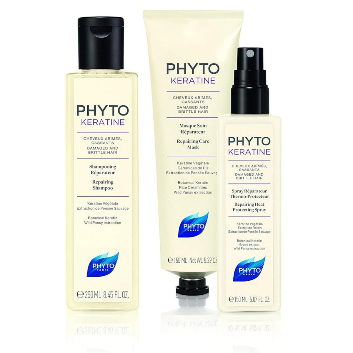 Refect Beauty Phyto Keratine hair care set including repairing shampoo, mask, and heat protecting spray for damaged hair