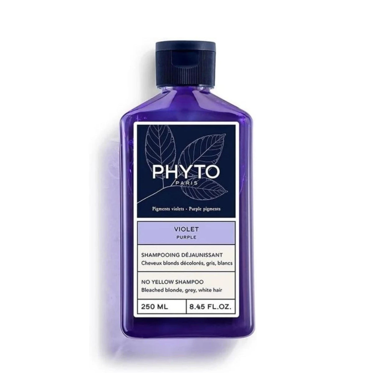 Refect Beauty Phyto No Yellow Shampoo in a purple bottle for neutralizing brassy tones in blonde and gray hair.