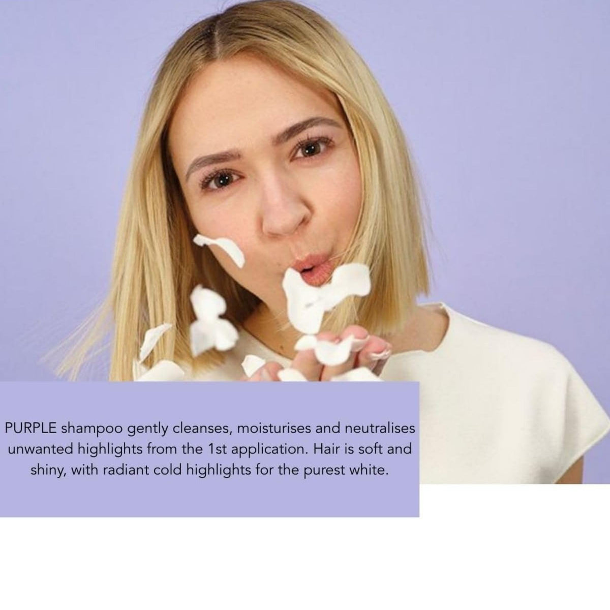 Refect Beauty Phyto No Yellow Shampoo model blowing white petals to showcase bright blonde hair results