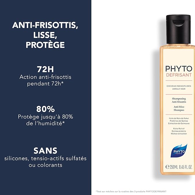 Refect Beauty Phyto Phytodefrisant anti-frizz shampoo bottle with key benefits listed on a dark blue background