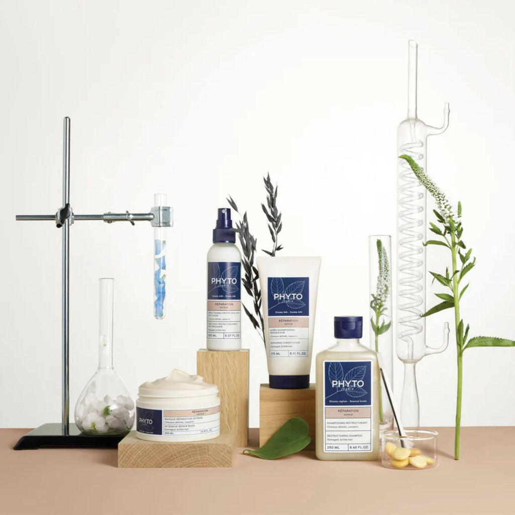 Refect Beauty Phyto hair care collection featuring repairing conditioner, shampoo, mask, and spray with botanical decor