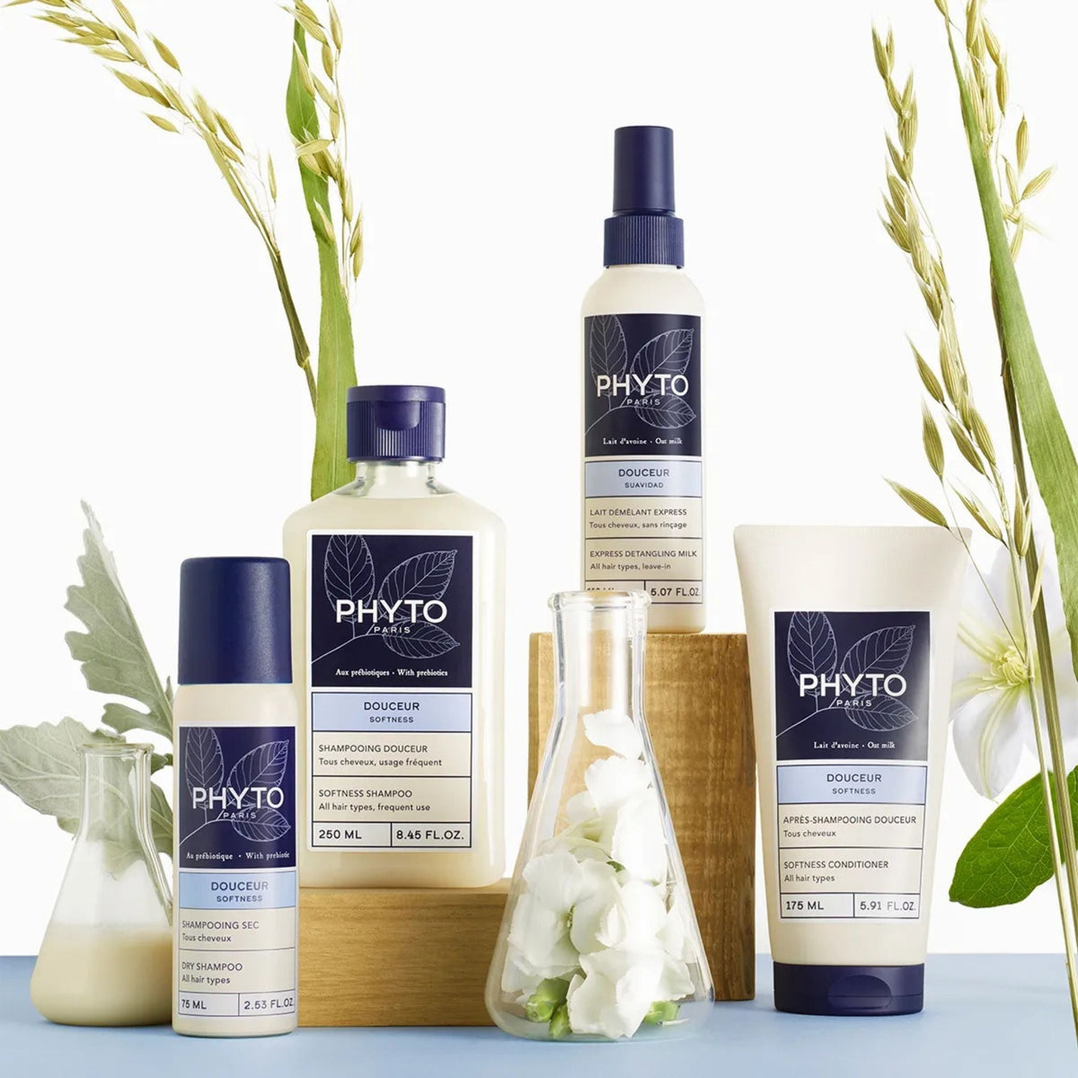 Refect Beauty Phyto Softness hair care collection including detangling milk, shampoo, dry shampoo, and conditioner.
