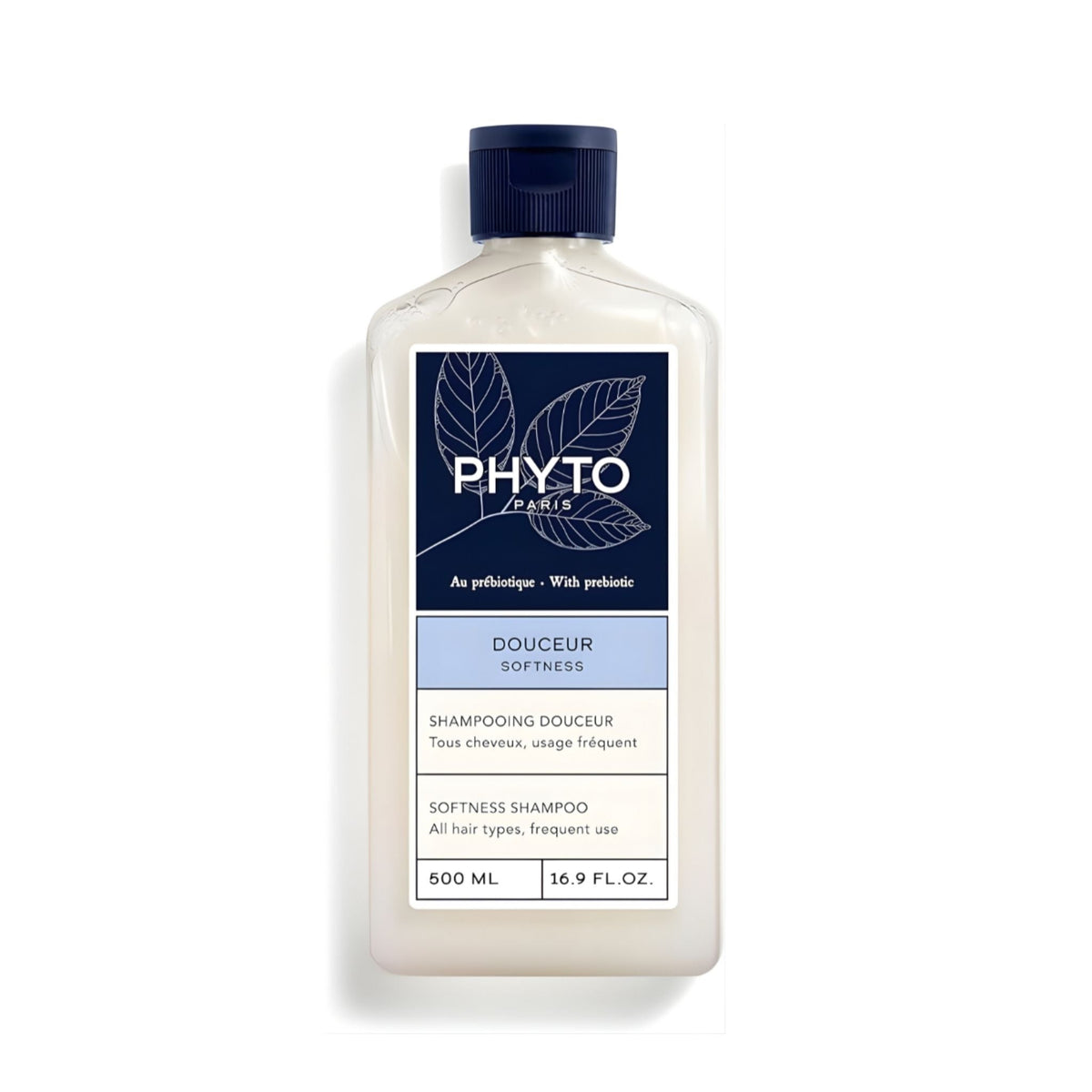 Refect Beauty Phyto Softness Shampoo bottle with a white label, navy blue cap, and prebiotic oat milk formula.