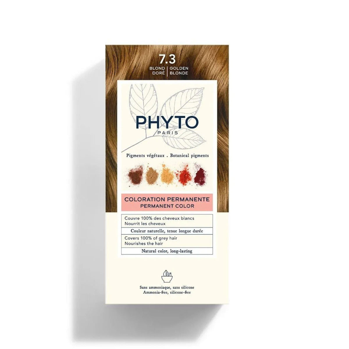 Refect Beauty Phytocolor permanent hair color box in shade 7.3 Golden Blonde with botanical pigment illustrations.