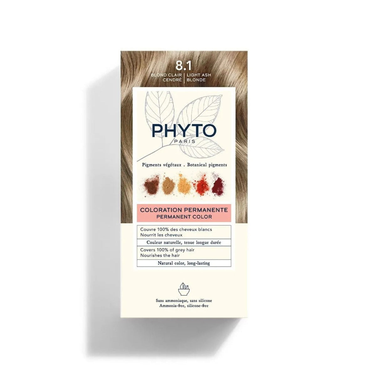 Refect Beauty Phytocolor 8.1 Light Ash Blonde permanent hair color box with botanical pigment illustrations.