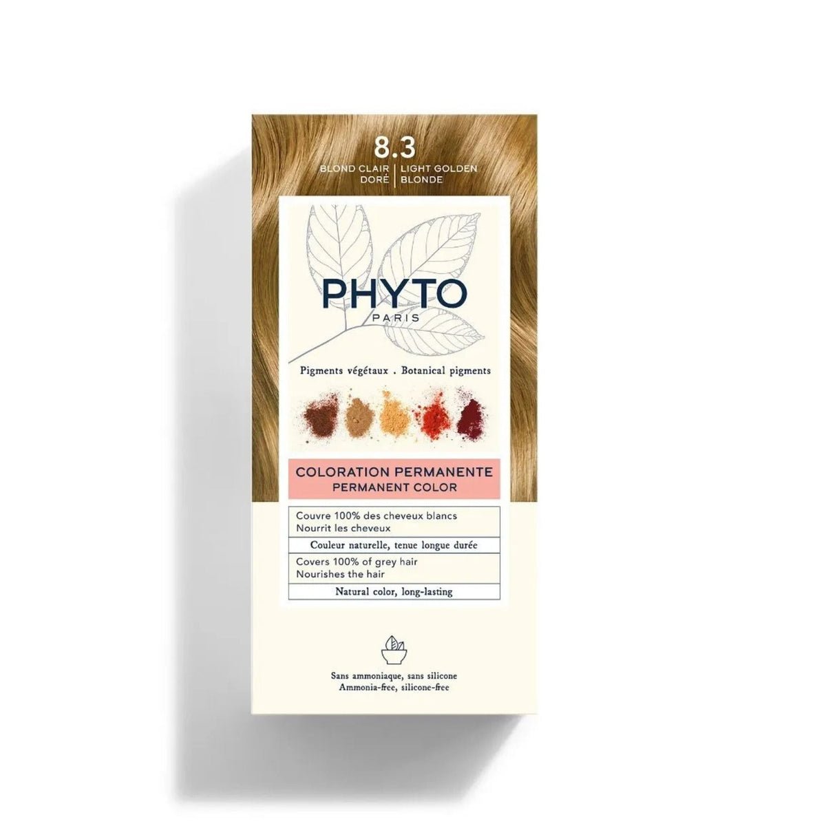 Refect Beauty Phytocolor permanent hair color box in 8.3 Light Golden Blonde with botanical pigment illustrations.