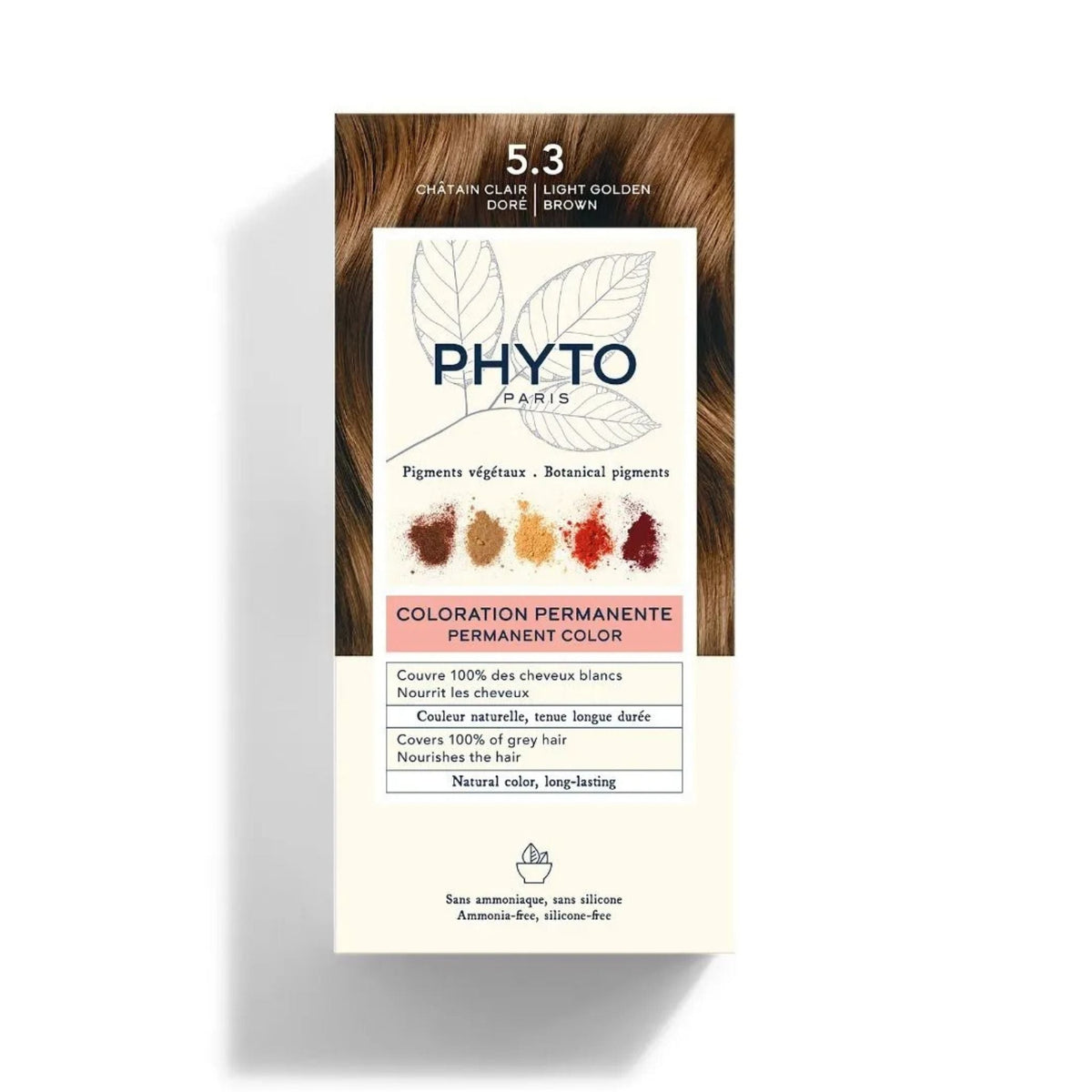 Refect Beauty Phytocolor permanent hair color box in 5.3 Light Golden Brown with botanical pigment illustrations.