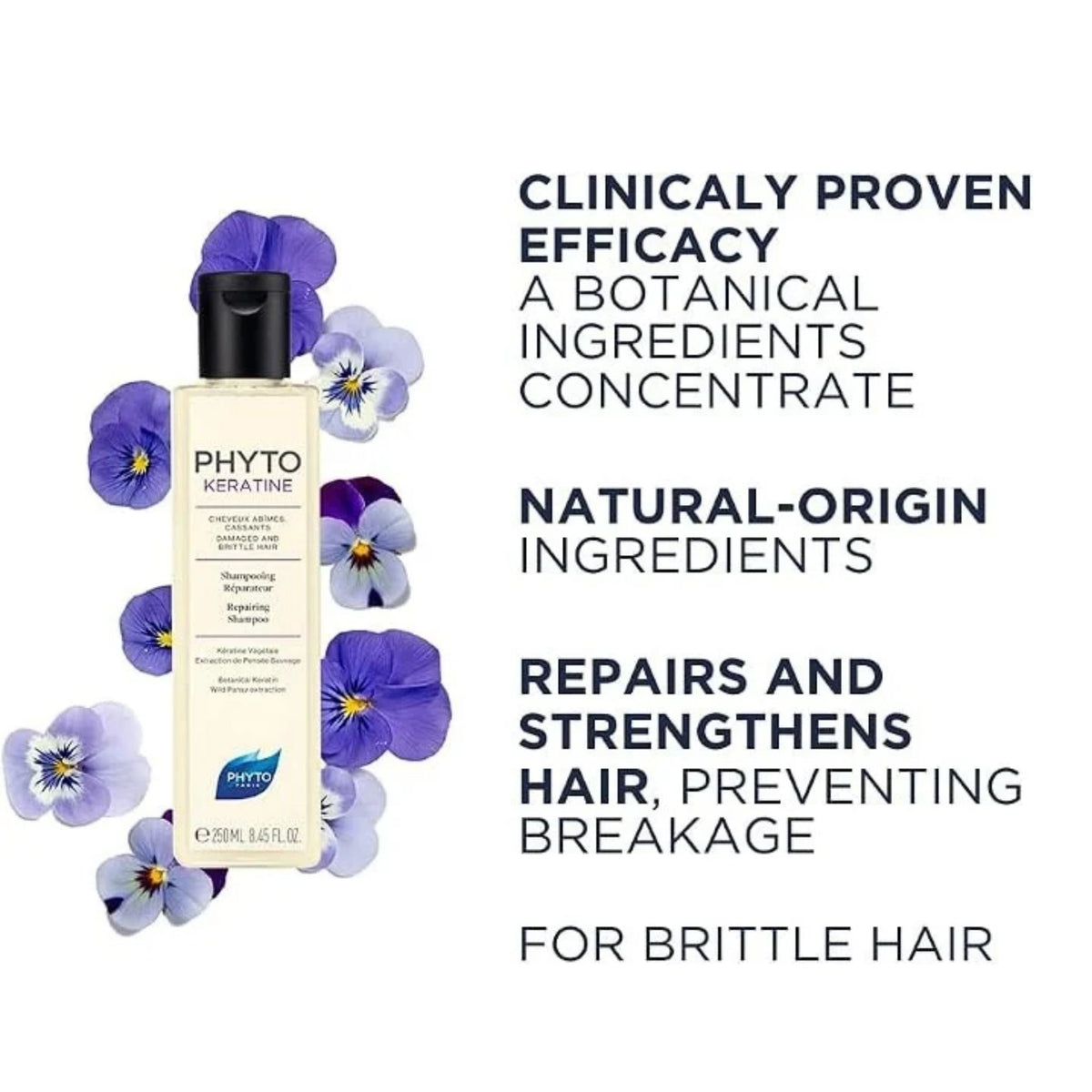 Refect Beauty Phyto Phytokeratine Repairing Shampoo bottle surrounded by purple pansy flowers for damaged hair.