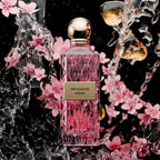Refect Beauty Ibrahim Al Qurashi Pink Diamond Sakura perfume bottle surrounded by cherry blossoms and water splashes