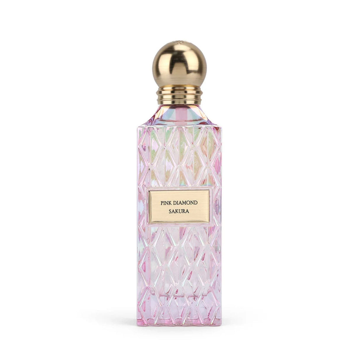 Refect Beauty Ibrahim Al Qurashi Pink Diamond Sakura perfume bottle with a textured pink glass and gold cap.