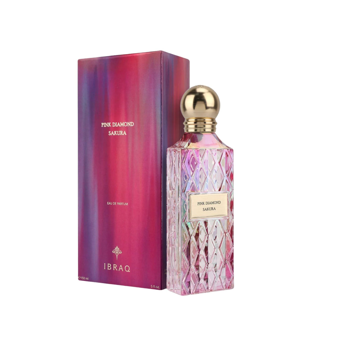 Refect Beauty Ibrahim Al Qurashi Pink Diamond Sakura perfume bottle with faceted glass and gold cap next to its box
