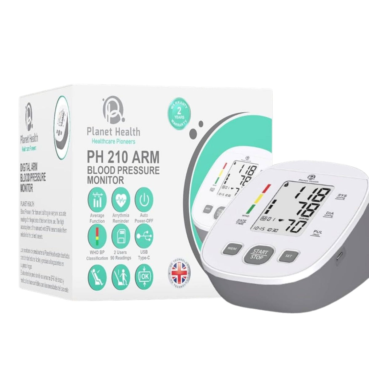 Refect Beauty Planet Health PH 210 digital upper arm blood pressure monitor with clear display and packaging box