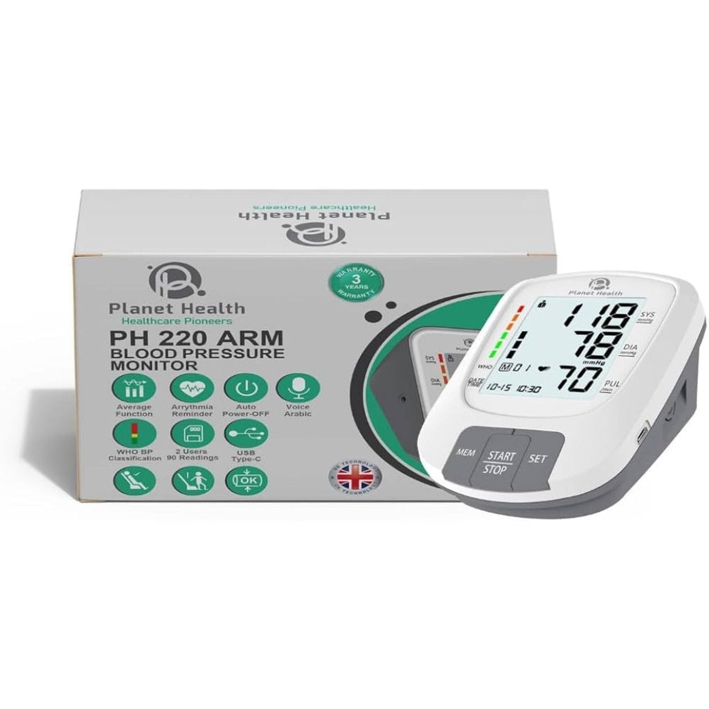 Refect Beauty Planet Health PH 220 digital arm blood pressure monitor with display screen and product packaging box.
