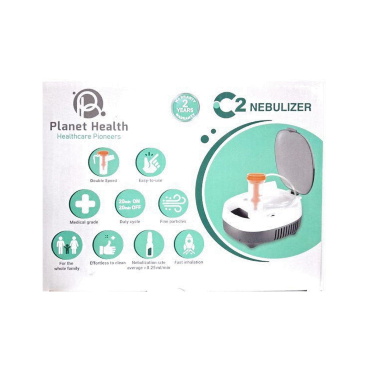 Refect Beauty Planet Health C2 nebulizer packaging showing features like double valve technology and family-friendly use.