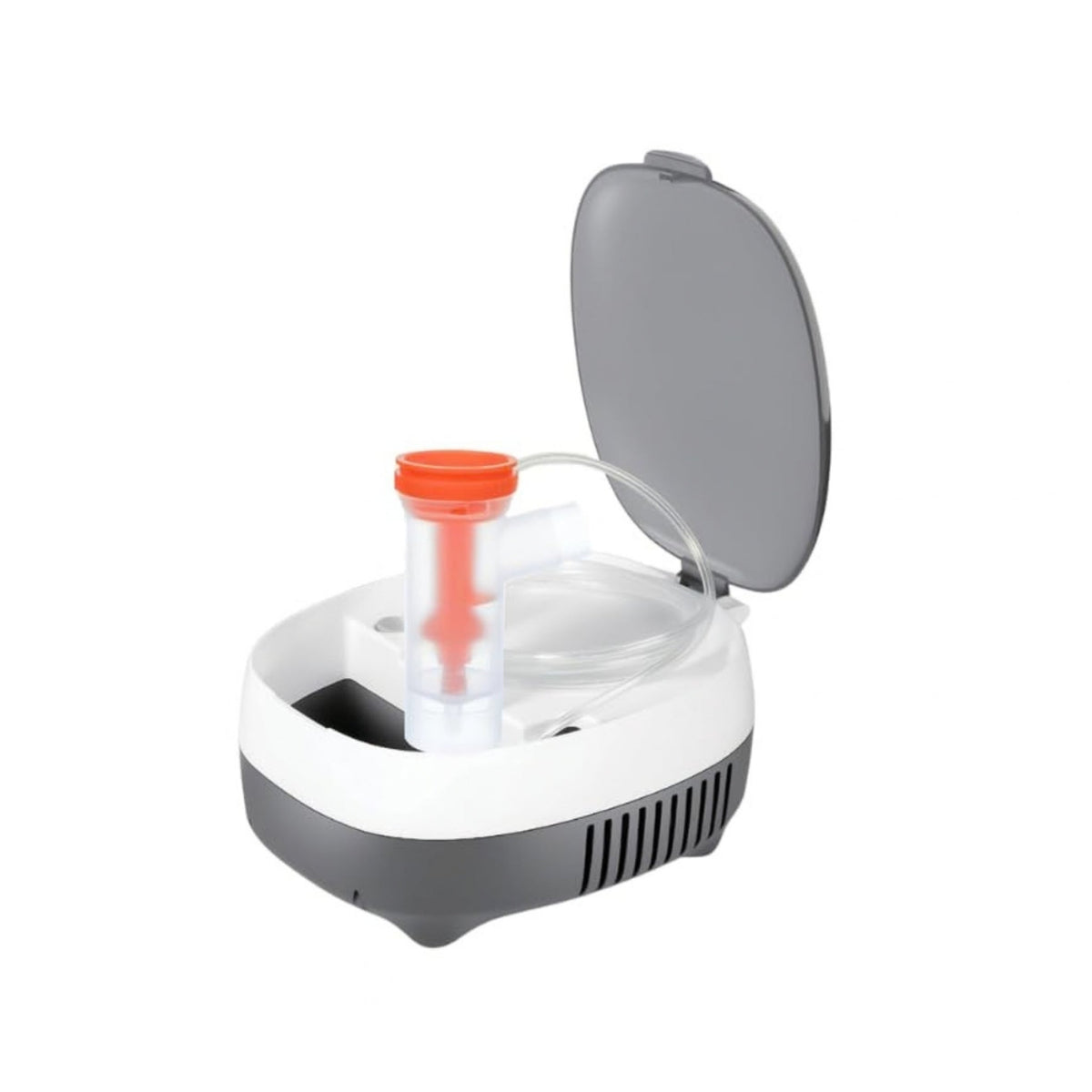 Refect Beauty Planet Health C2 nebulizer with open storage compartment, medication cup, and air tubing.