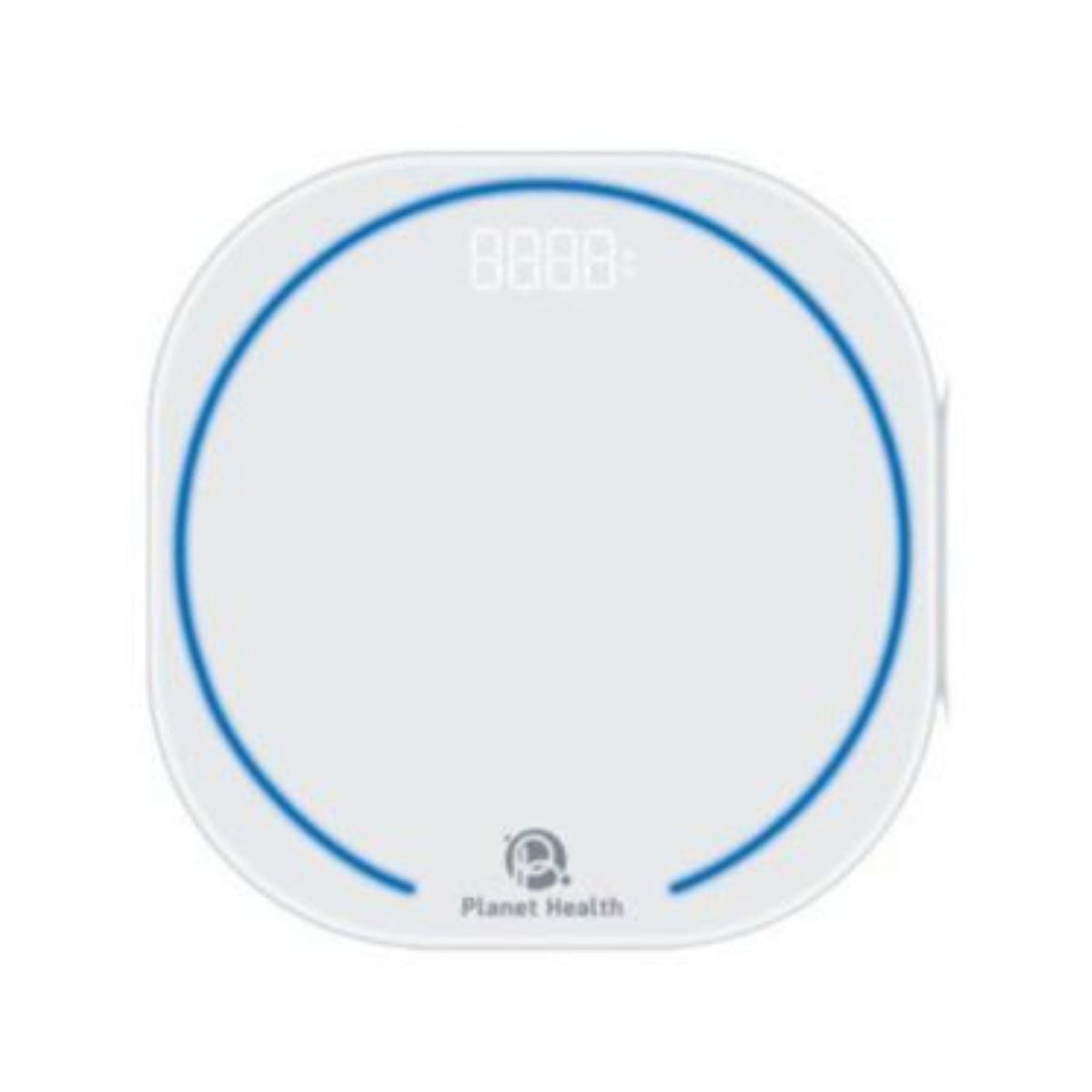Refect Beauty Planet Health digital bathroom scale with a sleek white square design and a circular blue LED accent.